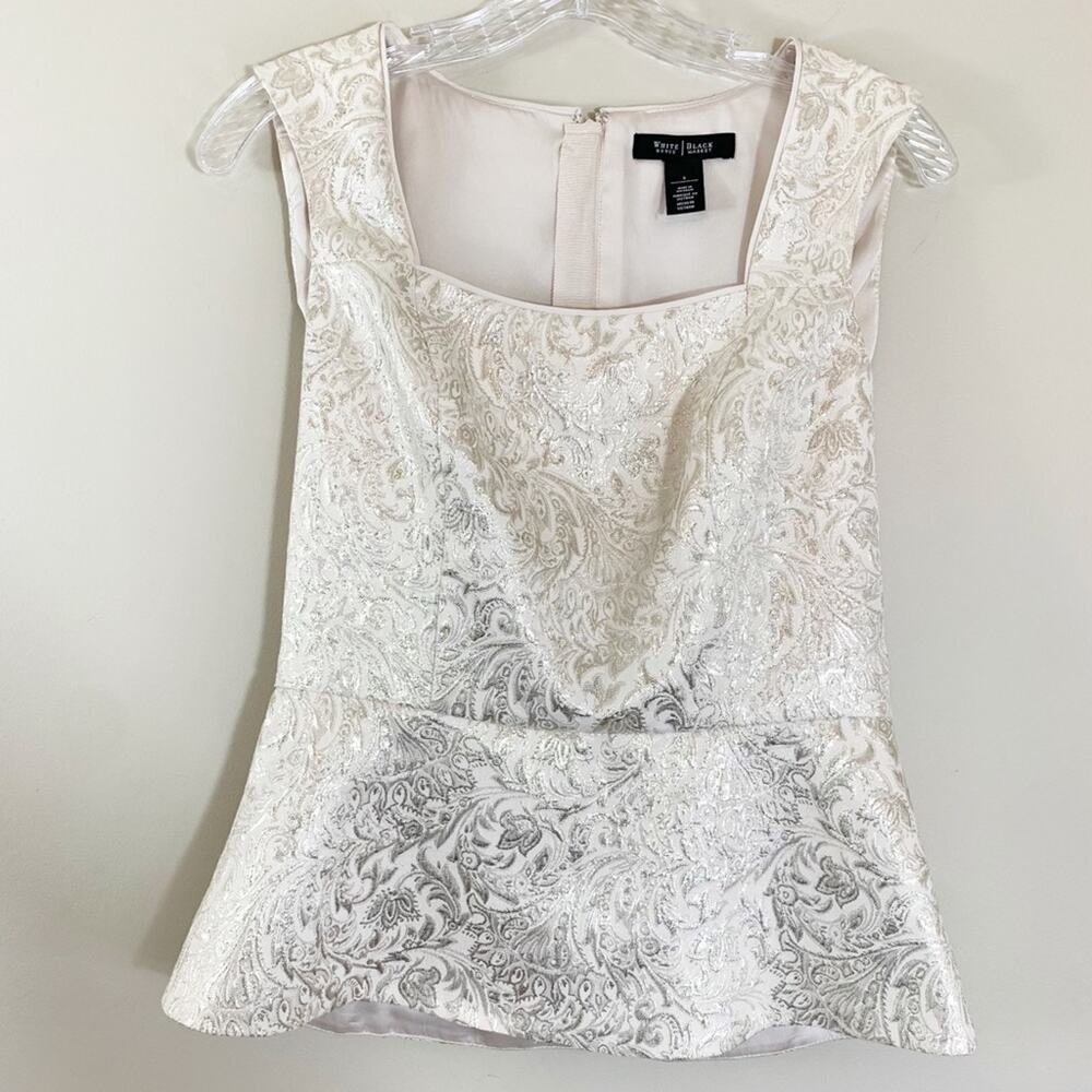 White House Black Market Cream Metallic Peplum Brocade Top